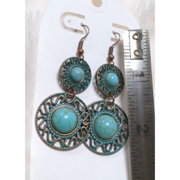 NEW - Lot of 3 Turquoise & Copper Color Metal Earrings boho dangle - Picture 8 of 8